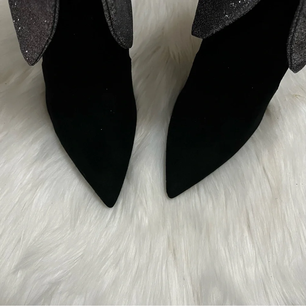 $890 | Domenico Vacca Black Suede Stiletto Glitter Bow Heel Boots sz. 10